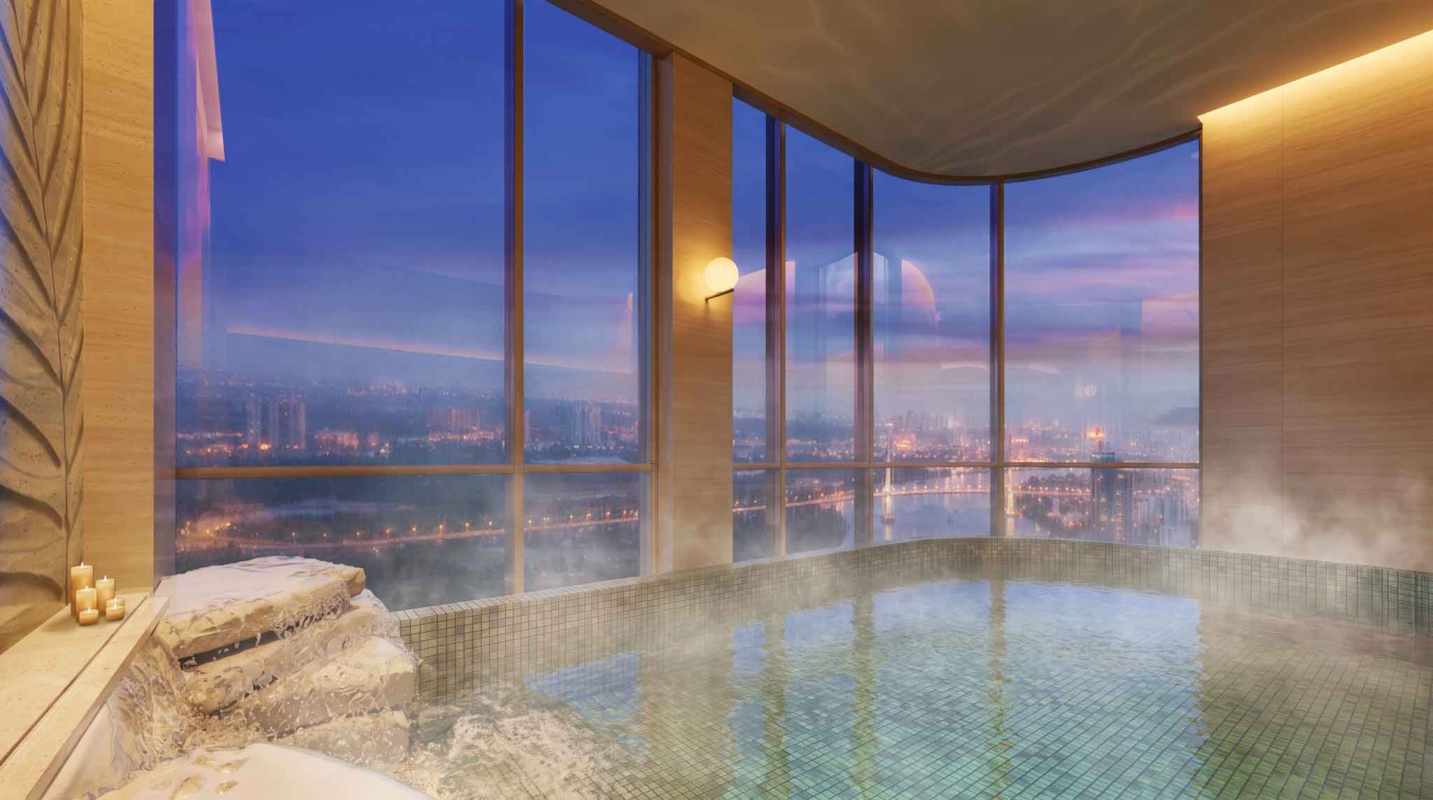 Onsen trên cao Palm River view sông hoàng hôn