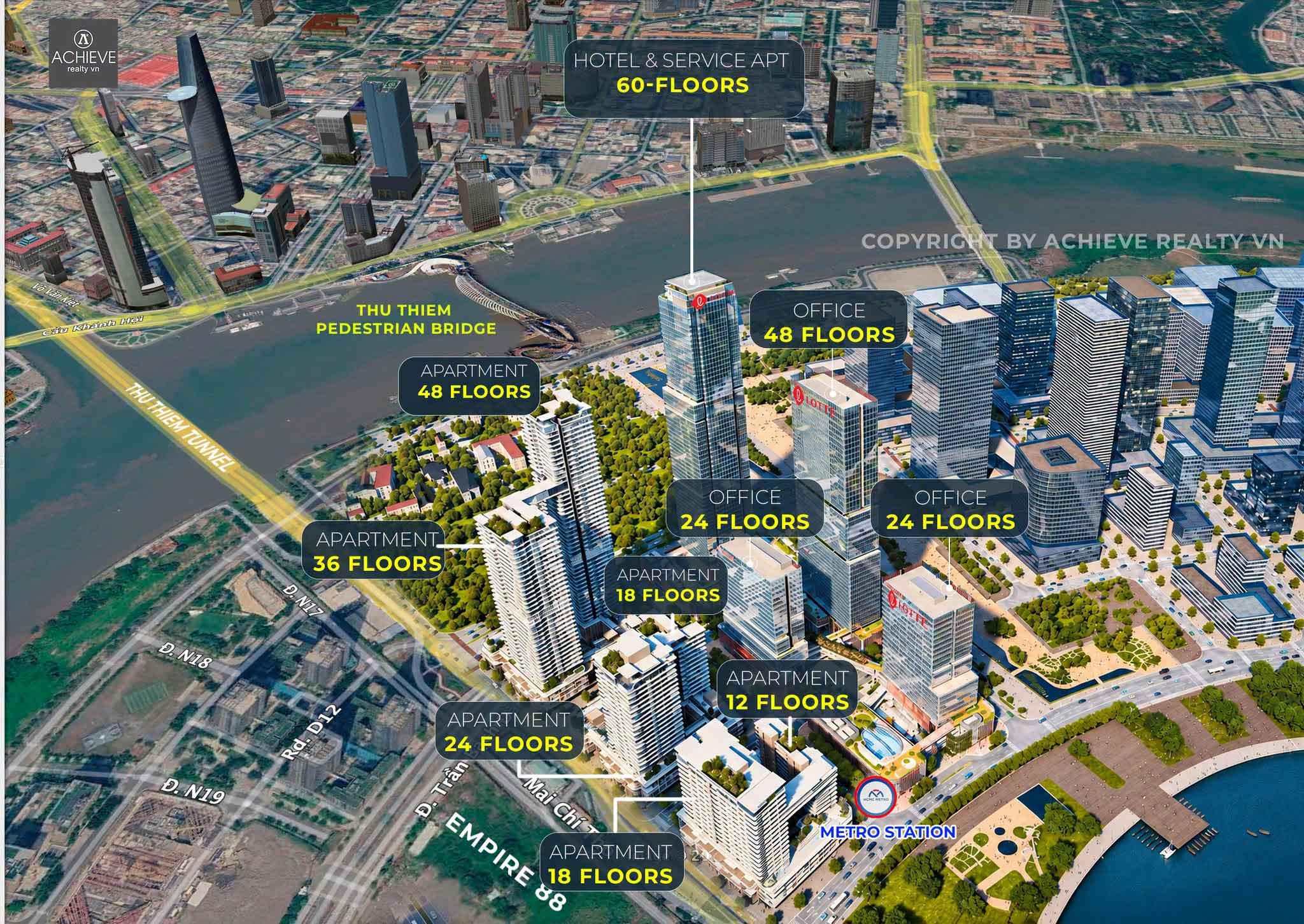 Phối cảnh Lotte Eco Smart City Thủ Thiêm ghi số tầng từng tòa, nhìn từ sông Sài Gòn