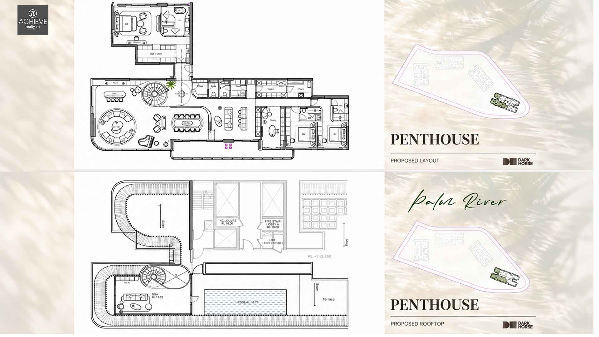 Mặt bằng đề xuất penthouse Palm River 2 tầng: tầng chính khoảng 360m² và tầng mái có hồ bơi riêng