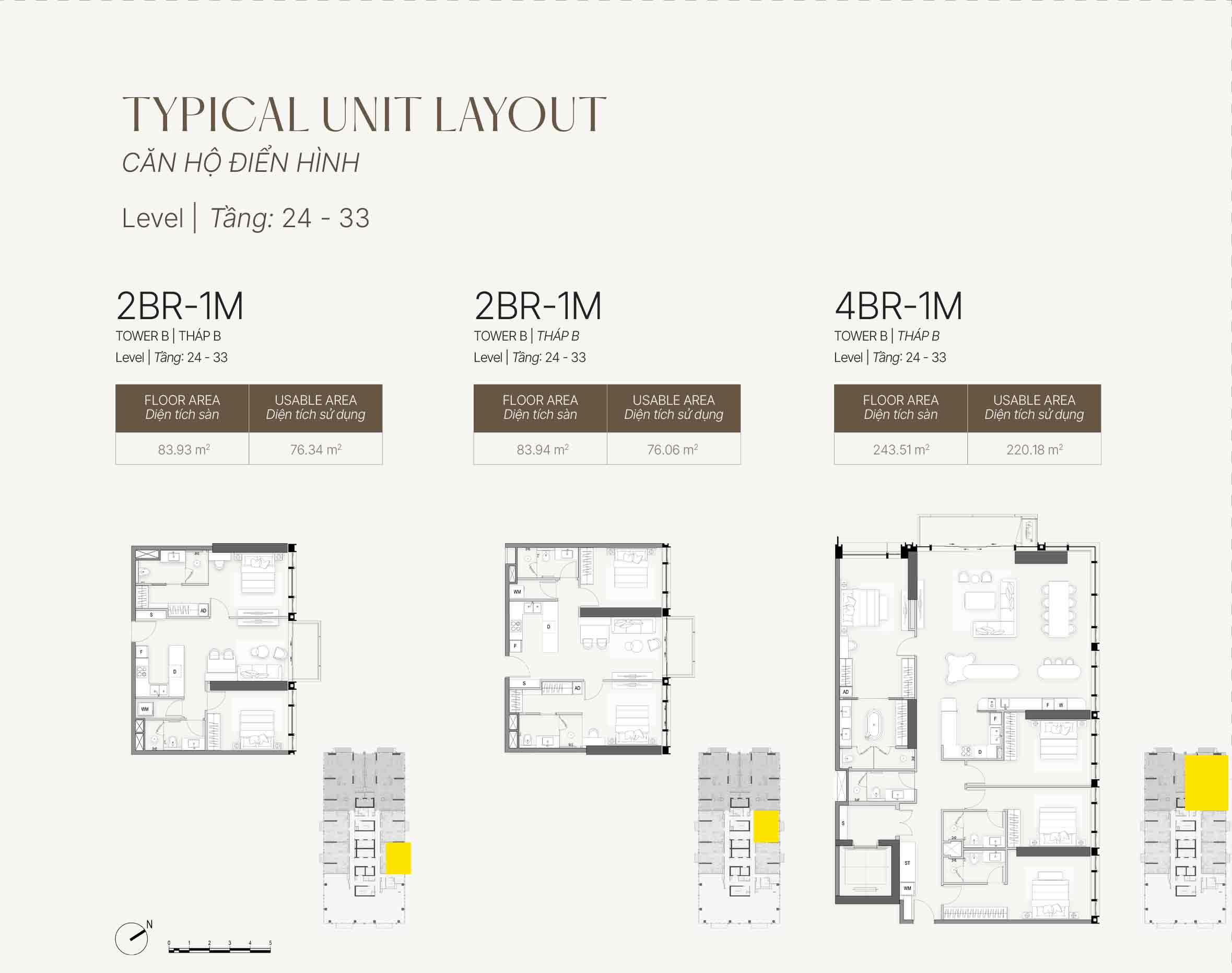 Mặt bằng layout căn hộ 2 phòng ngủ, 4 phòng ngủ The OpusK tầng 24-33