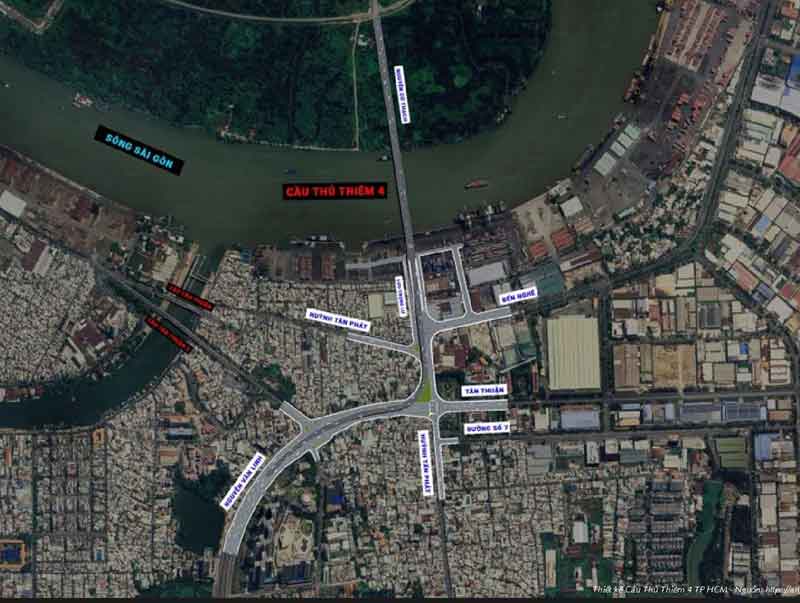 Location of Thu Thiem 4 Bridge terminus on Nguyen Co Thach Street near The River, Zeit River