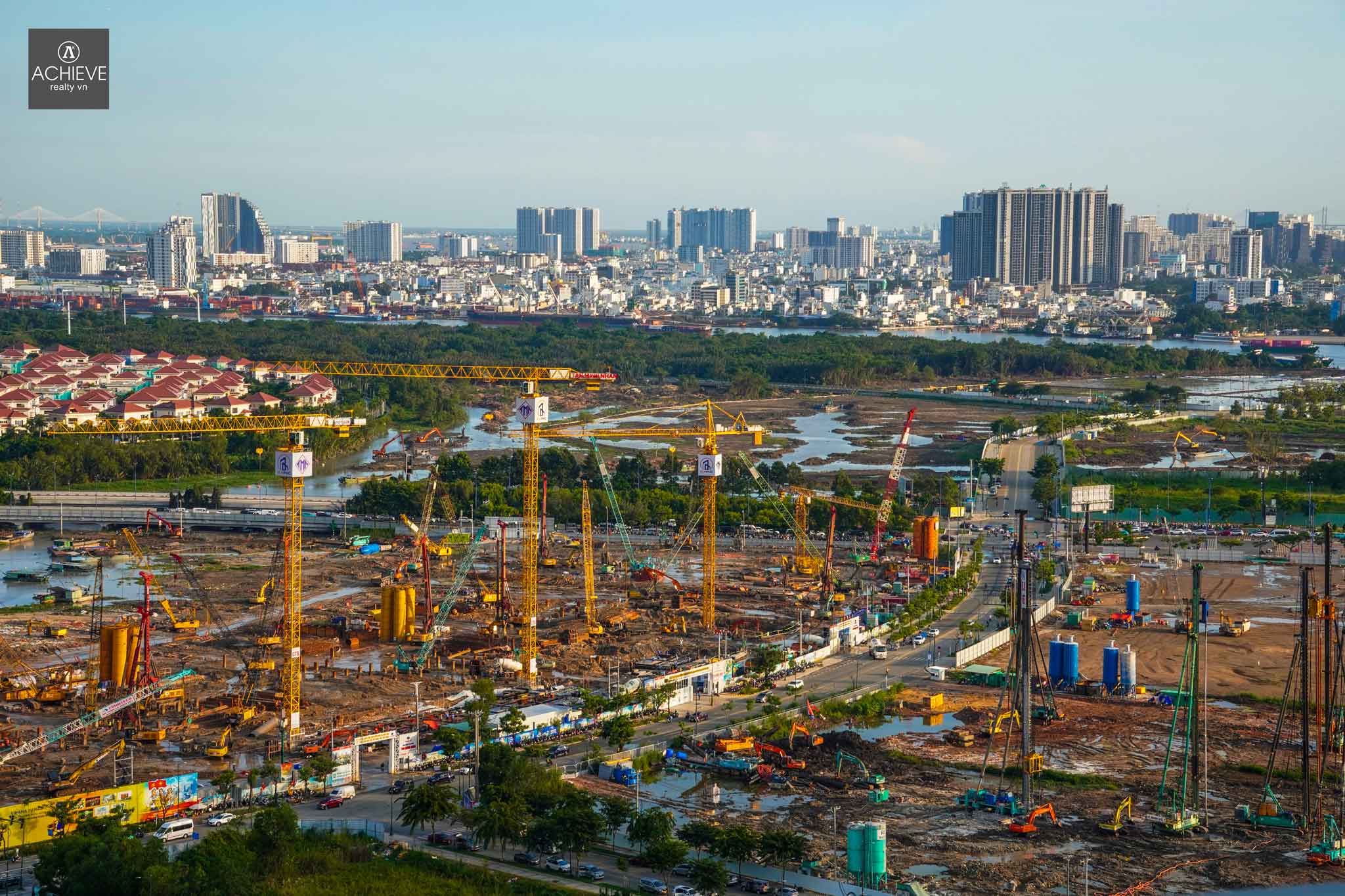 Tower cranes and piling rigs at the Thu Thiem Central Square construction site, October 2026