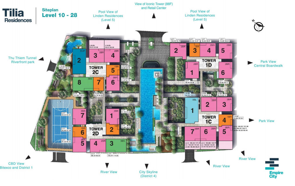 Bán Duplex 4 Phòng Ngủ Tilia tầng trung 203m2 | Empire City | Sông và Bitexco| T2C.1X.02 